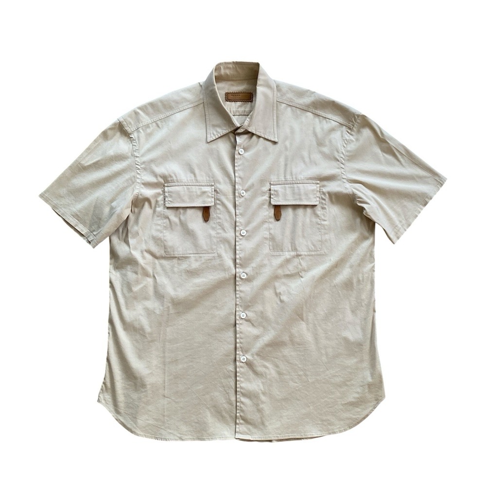 Prada Safari Shirt Mens Size 39 15.5 Beige Leather Pull Tabs Pockets